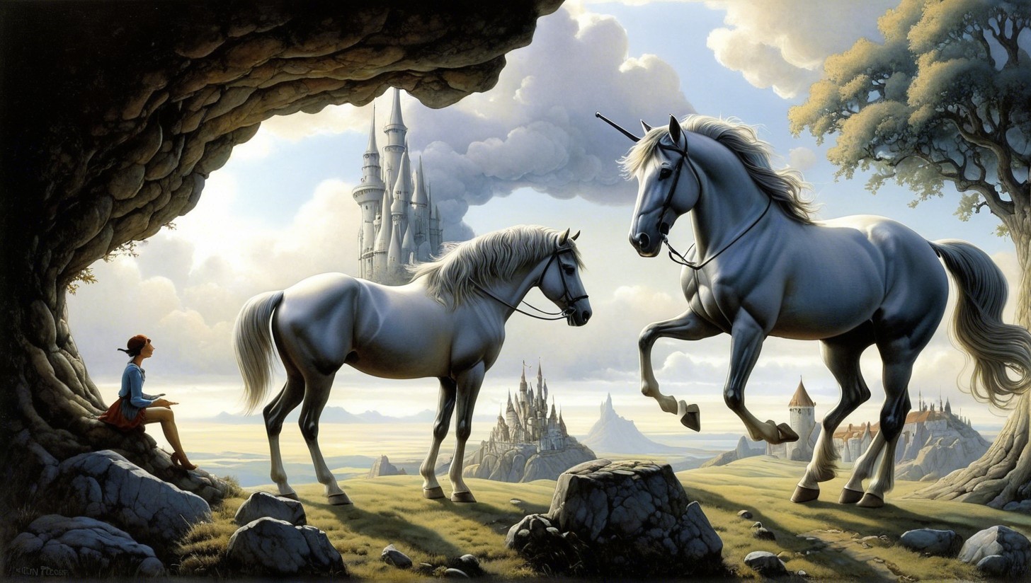 Unicorns in a Green Field with Castles and Trees