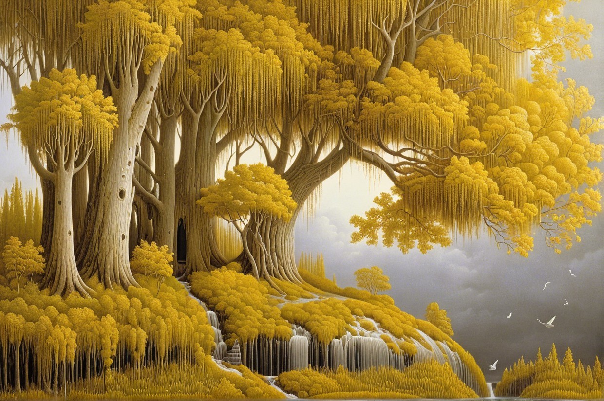 Tranquil Landscape with Golden Trees and Waterfall