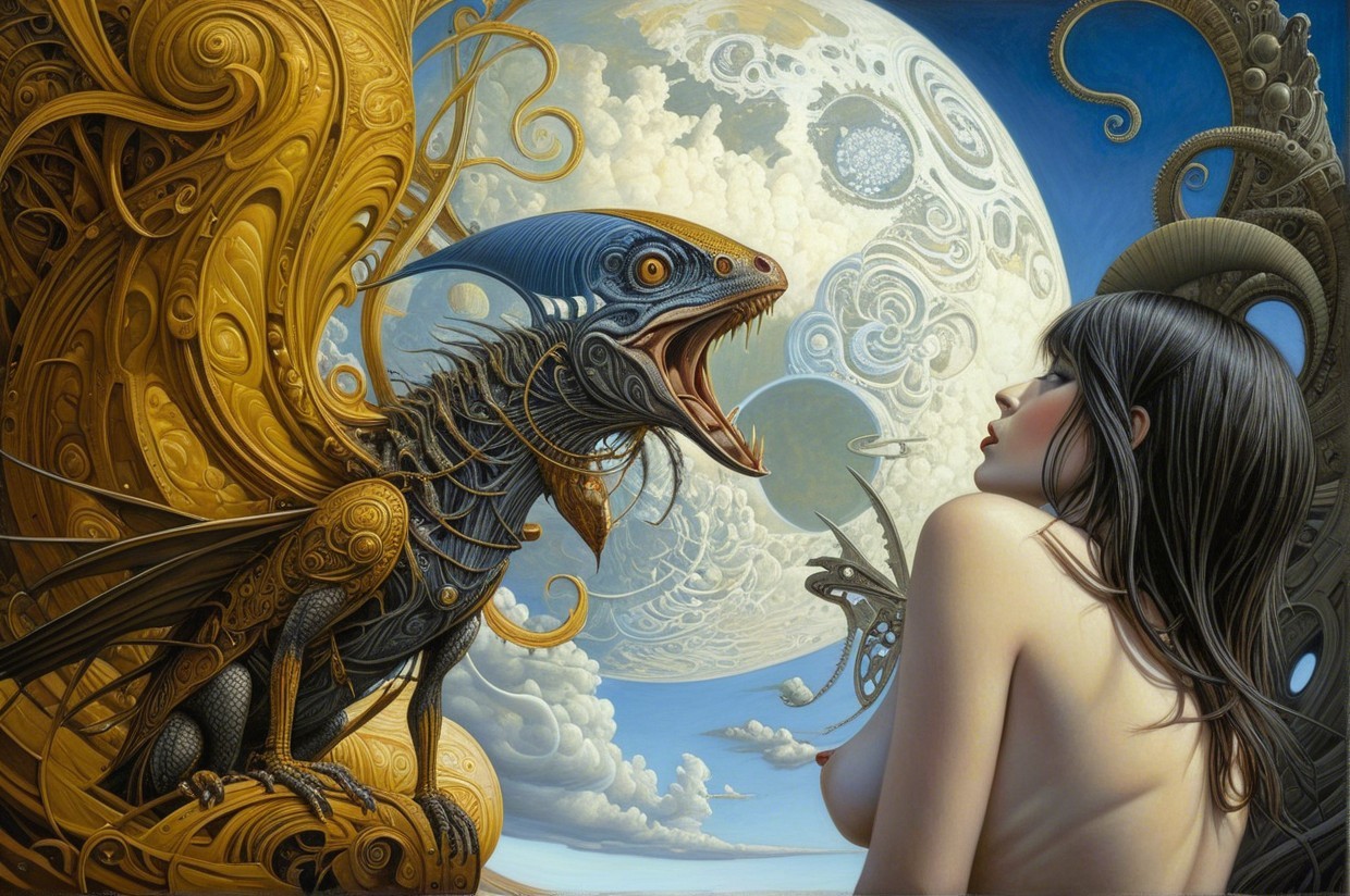 Surreal Artwork of Woman and Fantastical Dragon Creature