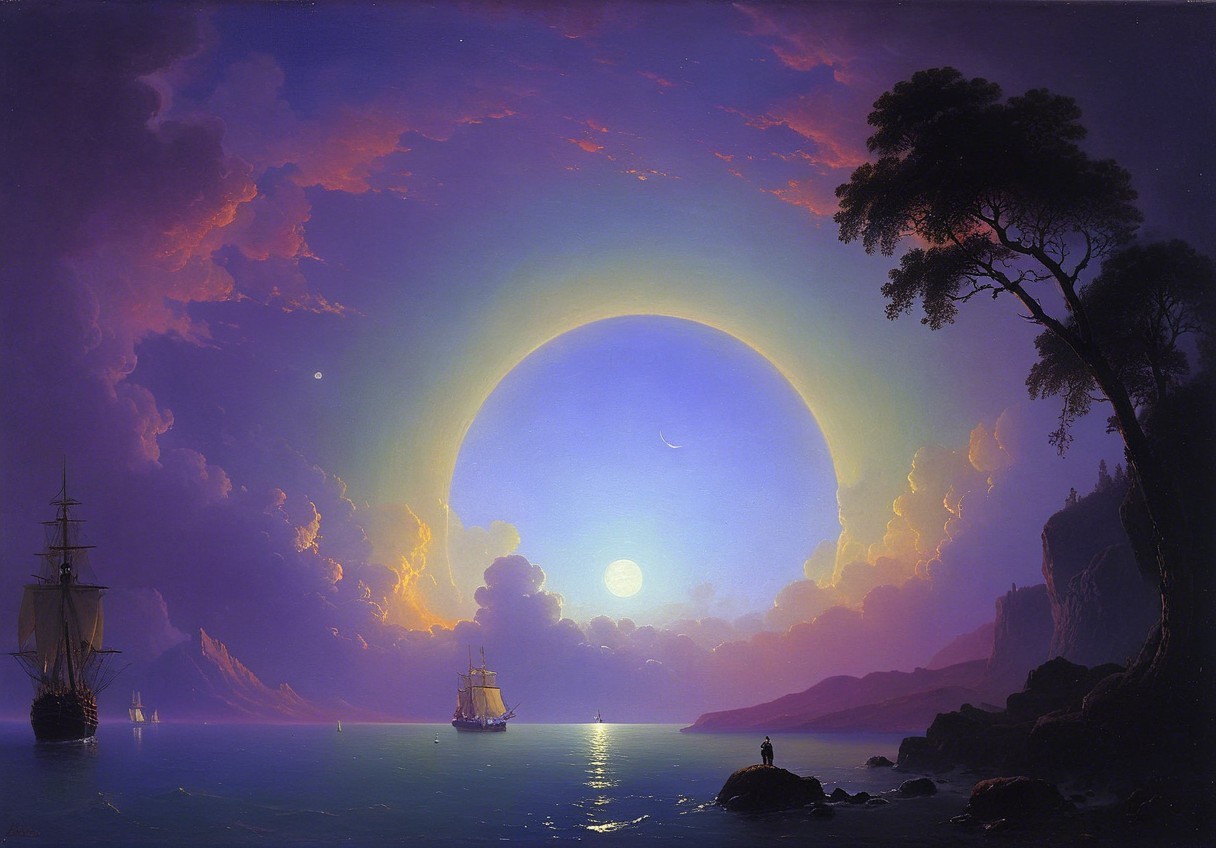 Twilight Seascape with Ships and Colorful Clouds