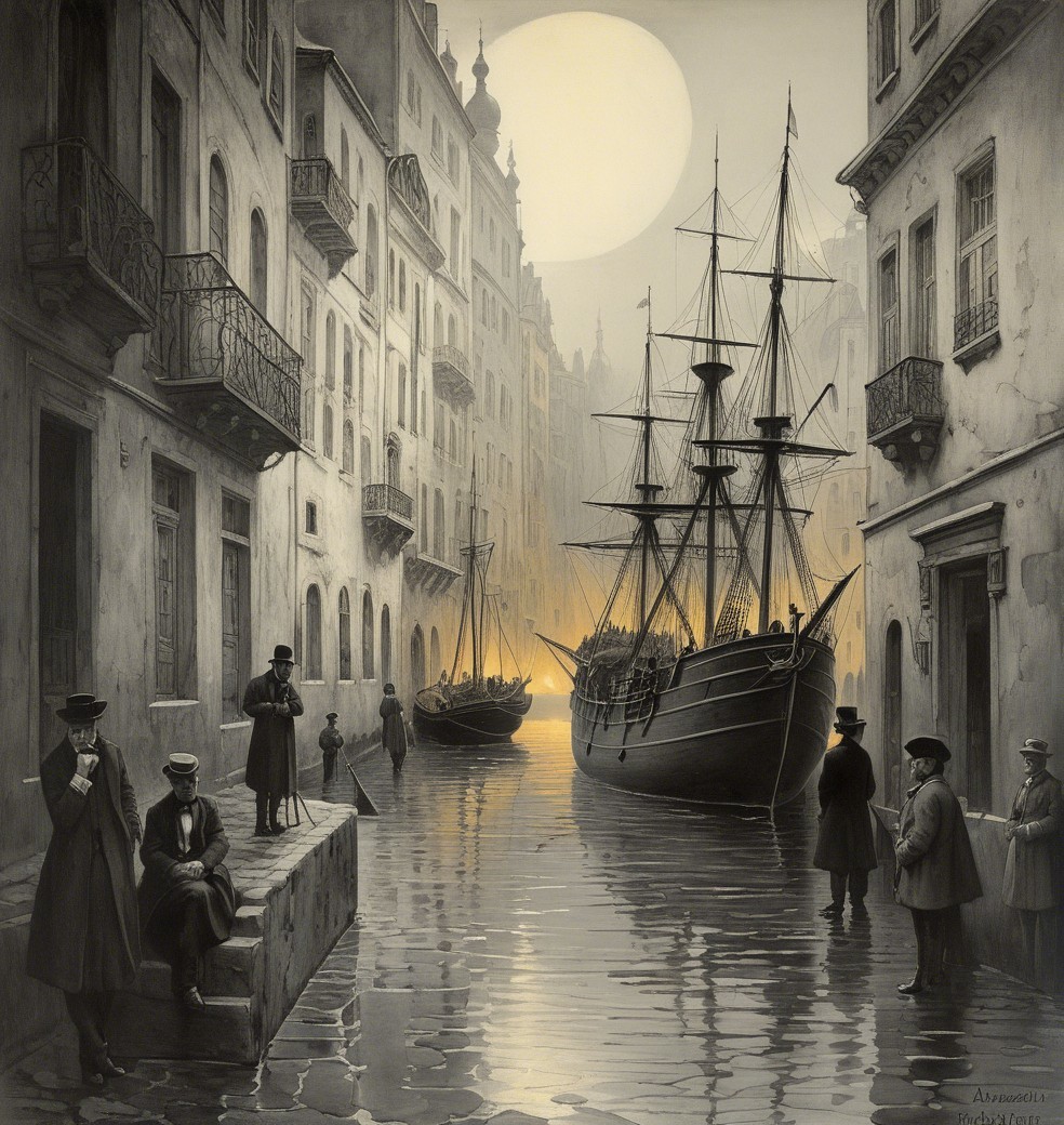 Tranquil Harbor Scene at Dusk with Tall Ships
