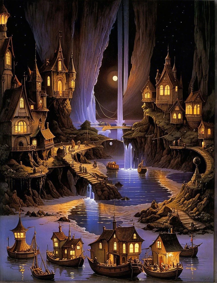 Whimsical Night Scene of Cottages and River