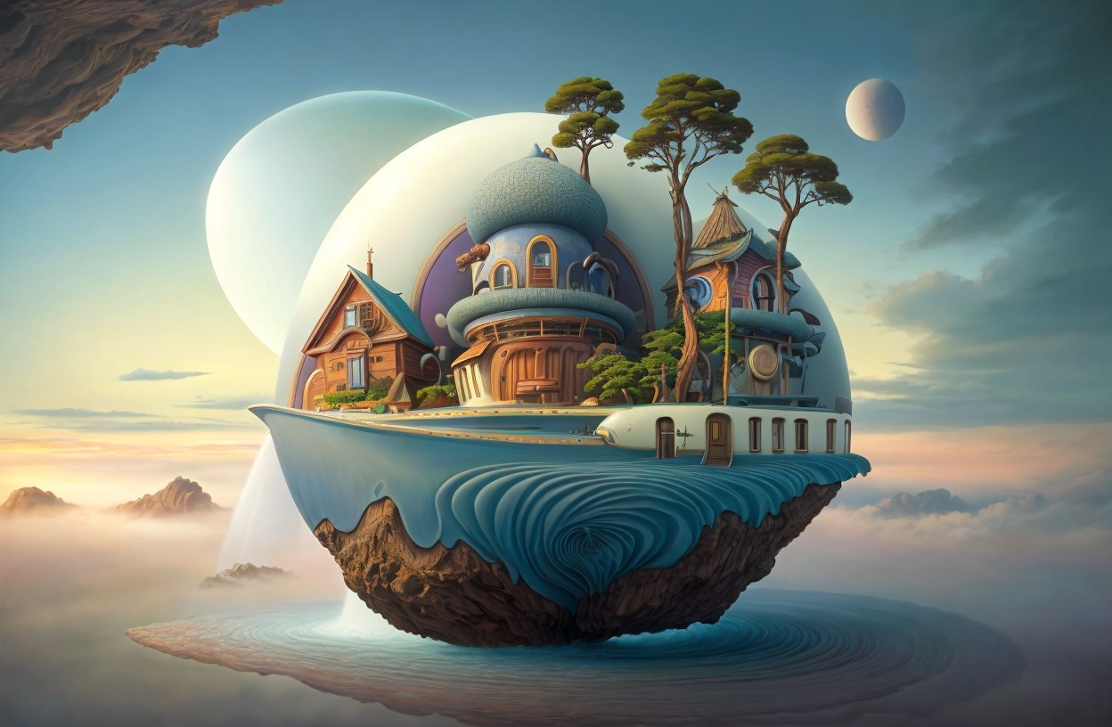 Whimsical Floating Island with Unique Houses and Nature