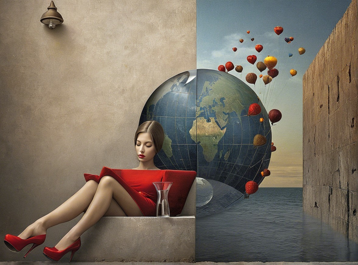 Woman in red dress against surreal globe backdrop