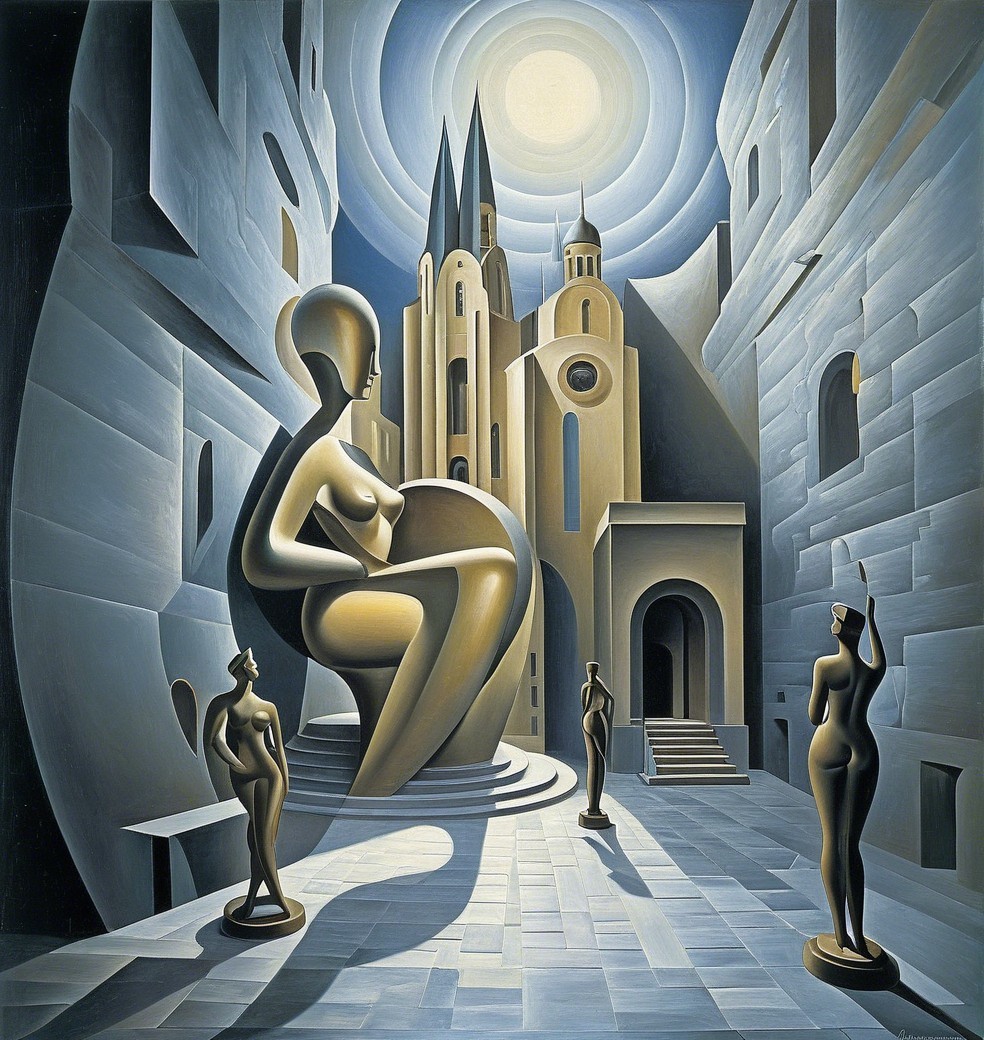 Surreal Urban Landscape with Abstract Figures and Sun