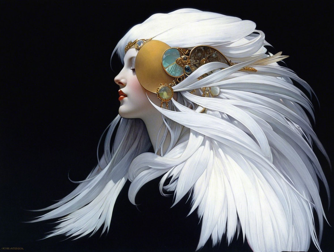 Profile of a Woman with White Hair and Golden Accessories