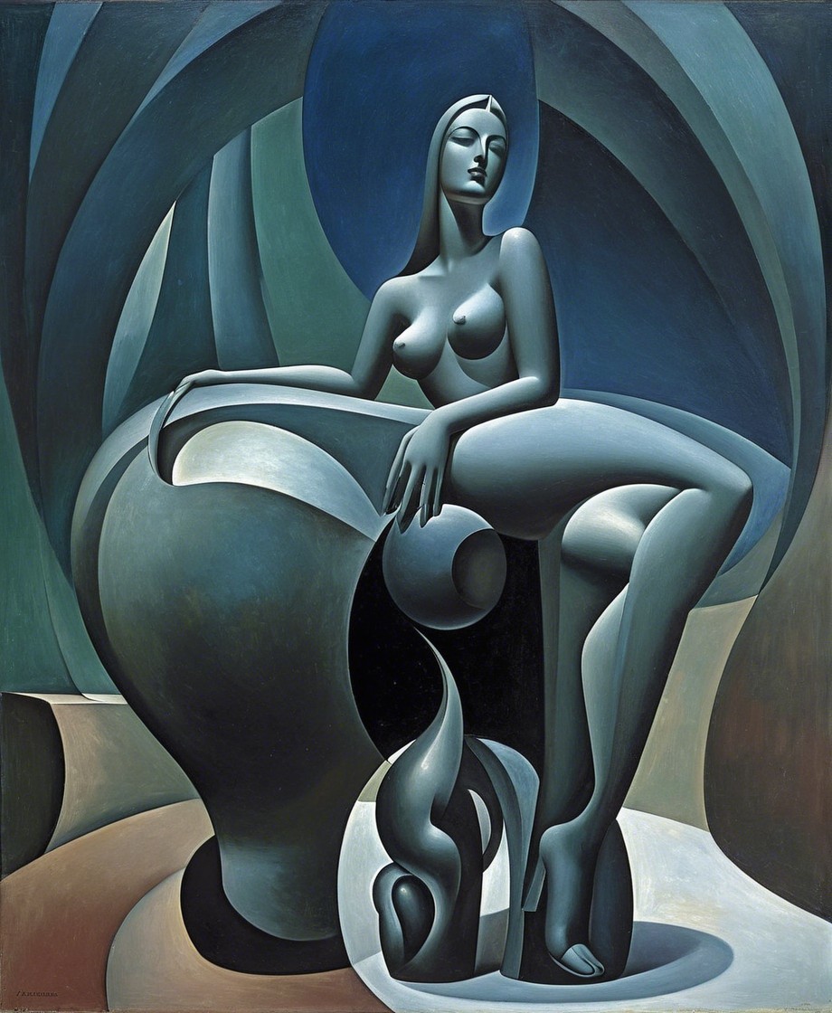 Abstract Female Figure in Muted Blue and Gray Tones