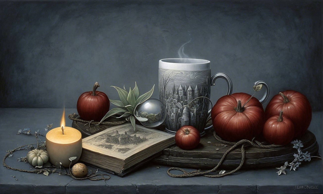Still Life with Mug, Pumpkins, Candle, and Flowers