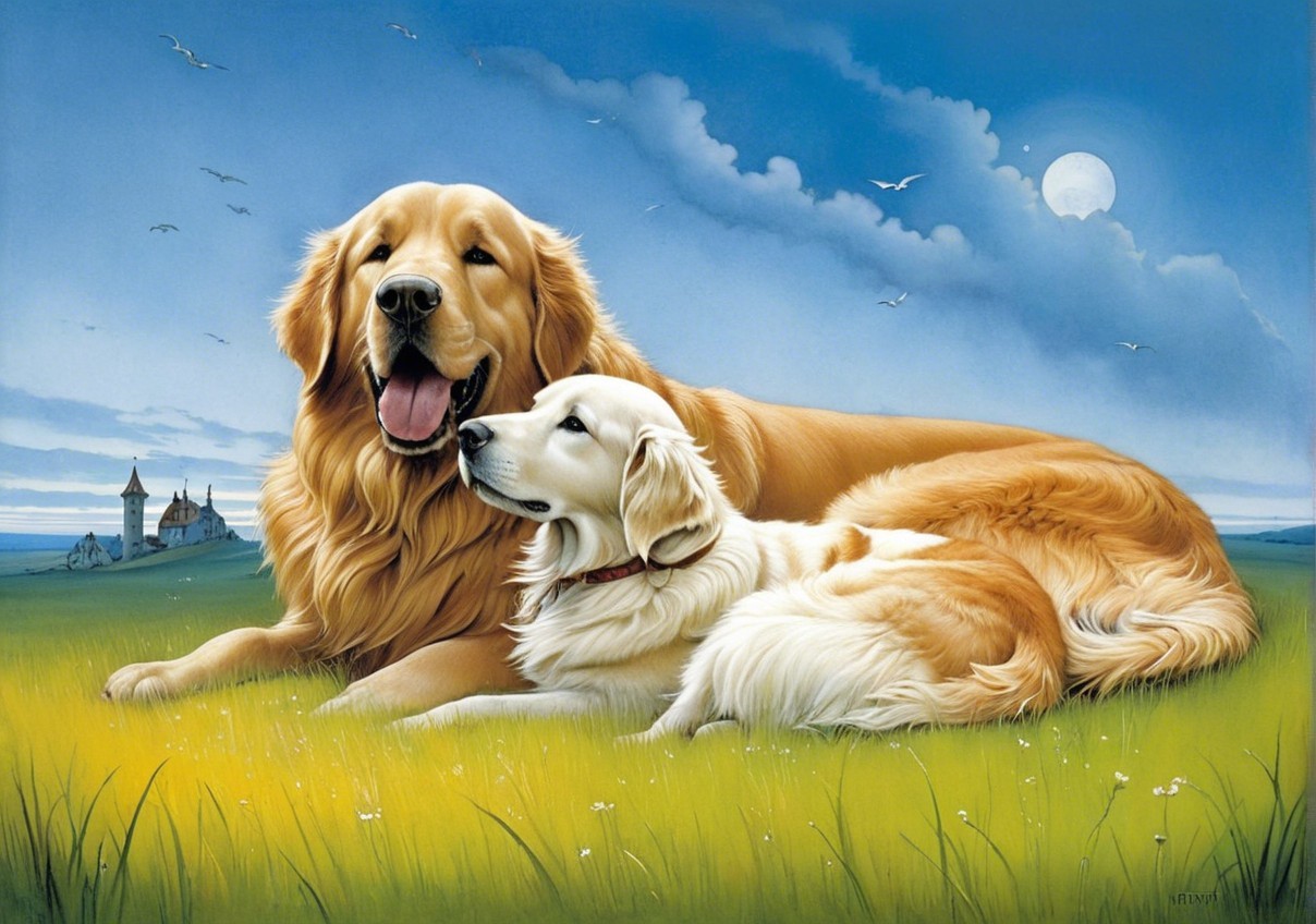 Golden Retrievers Relaxing in a Scenic Landscape