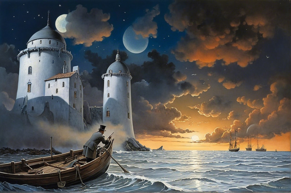 Serene Sunset with Lighthouses and Two Moons
