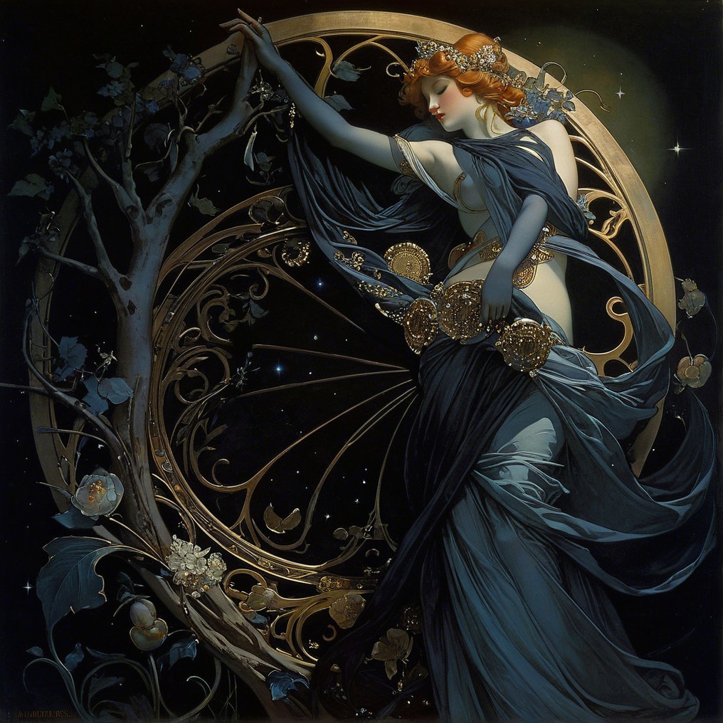 Elegant Figure in Blue Fabric with Floral Accents