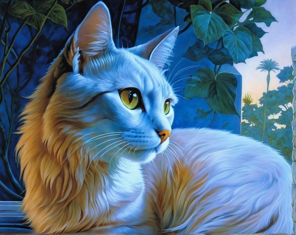 Majestic white cat with golden eyes in green foliage