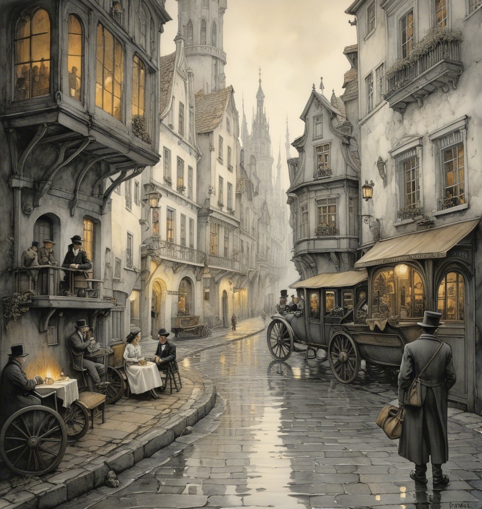 Cobblestone Street with Historical Buildings and Carriages