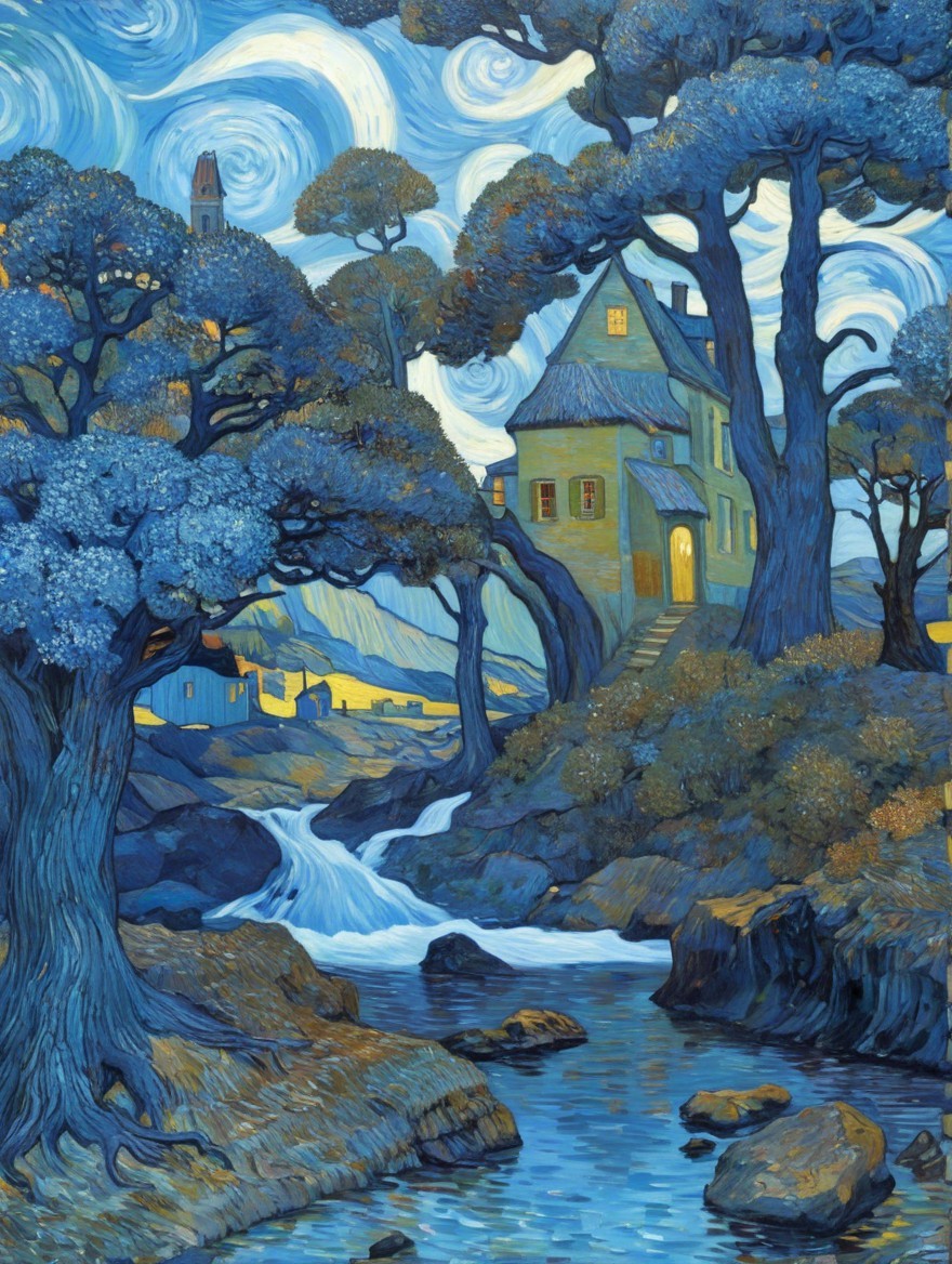 Tranquil River in Vibrant Rocky Landscape with House