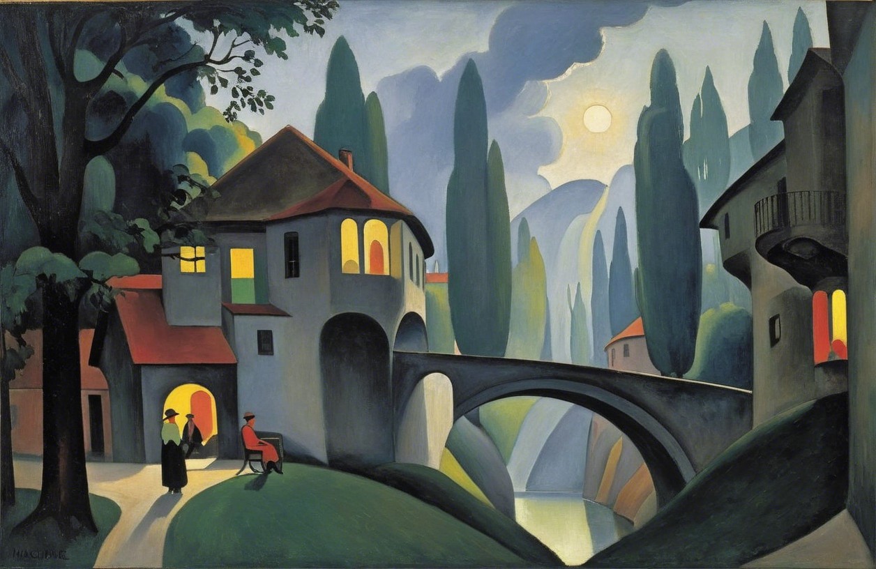 Serene Twilight Landscape with Village and River