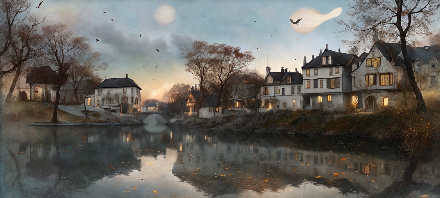 European-style houses and stone bridge in serene twilight riverside scene