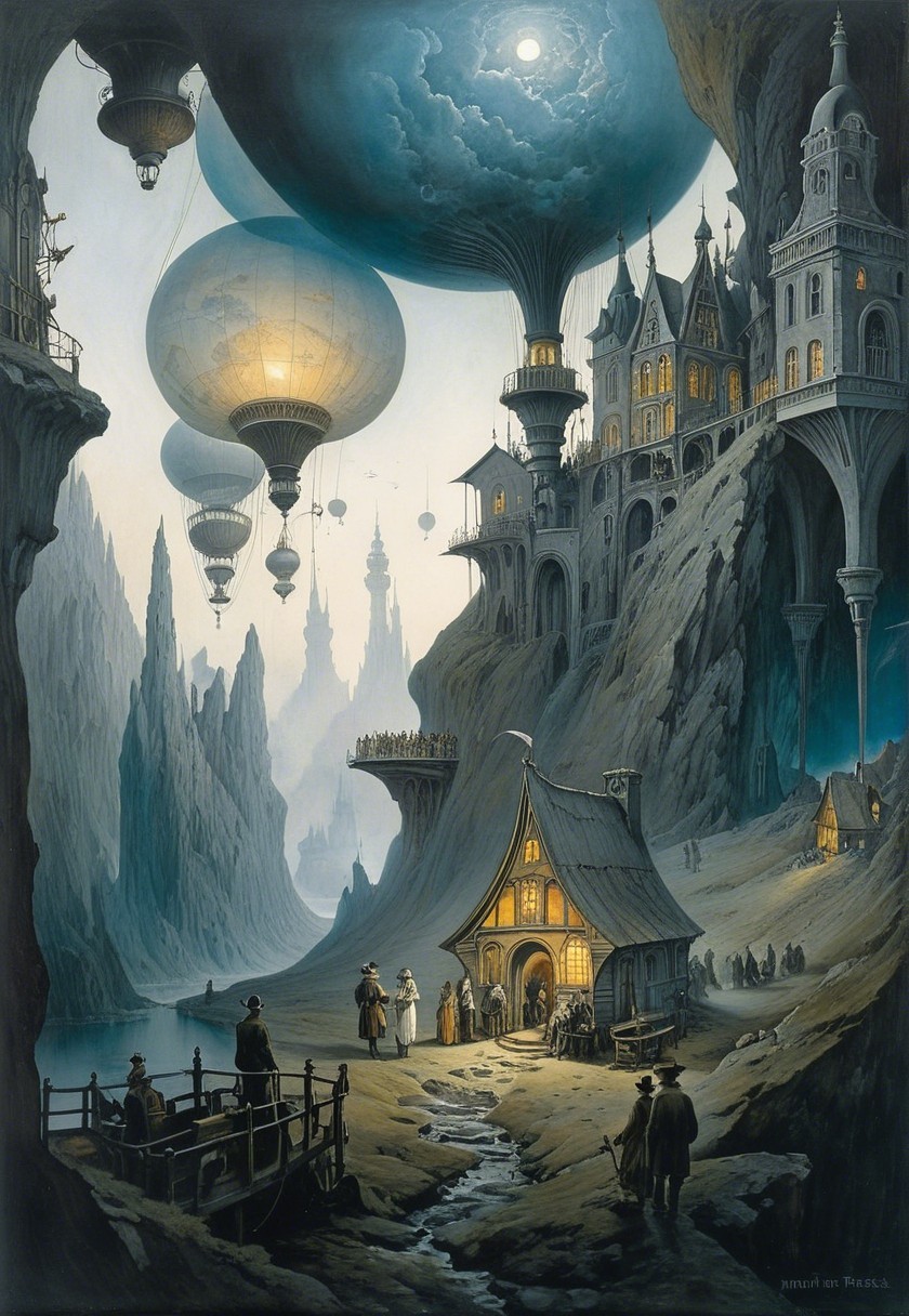 Cottage by Stream with Balloons and Castles at Night