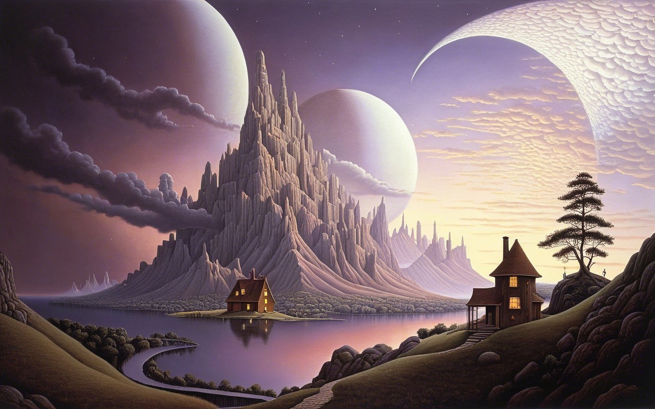 Surreal landscape with mountains, lake, and celestial bodies