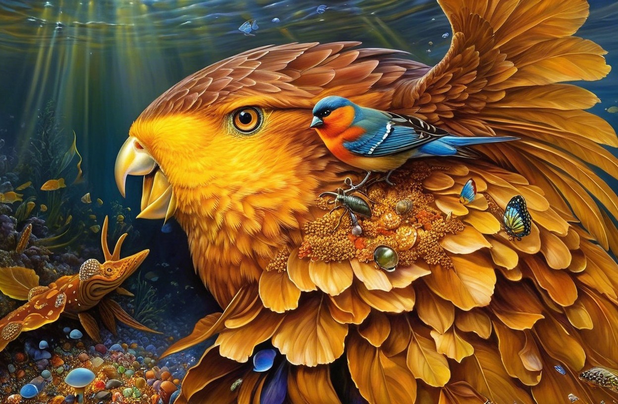 Underwater Scene with Golden Bird and Colorful Creatures