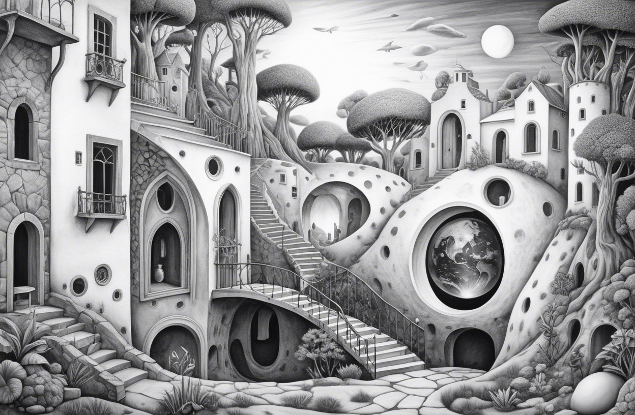 Surreal Black-and-White Landscape with Unique Architecture