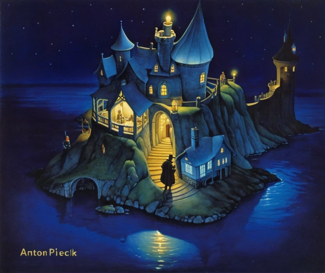 Whimsical castle on rocky island at night scene