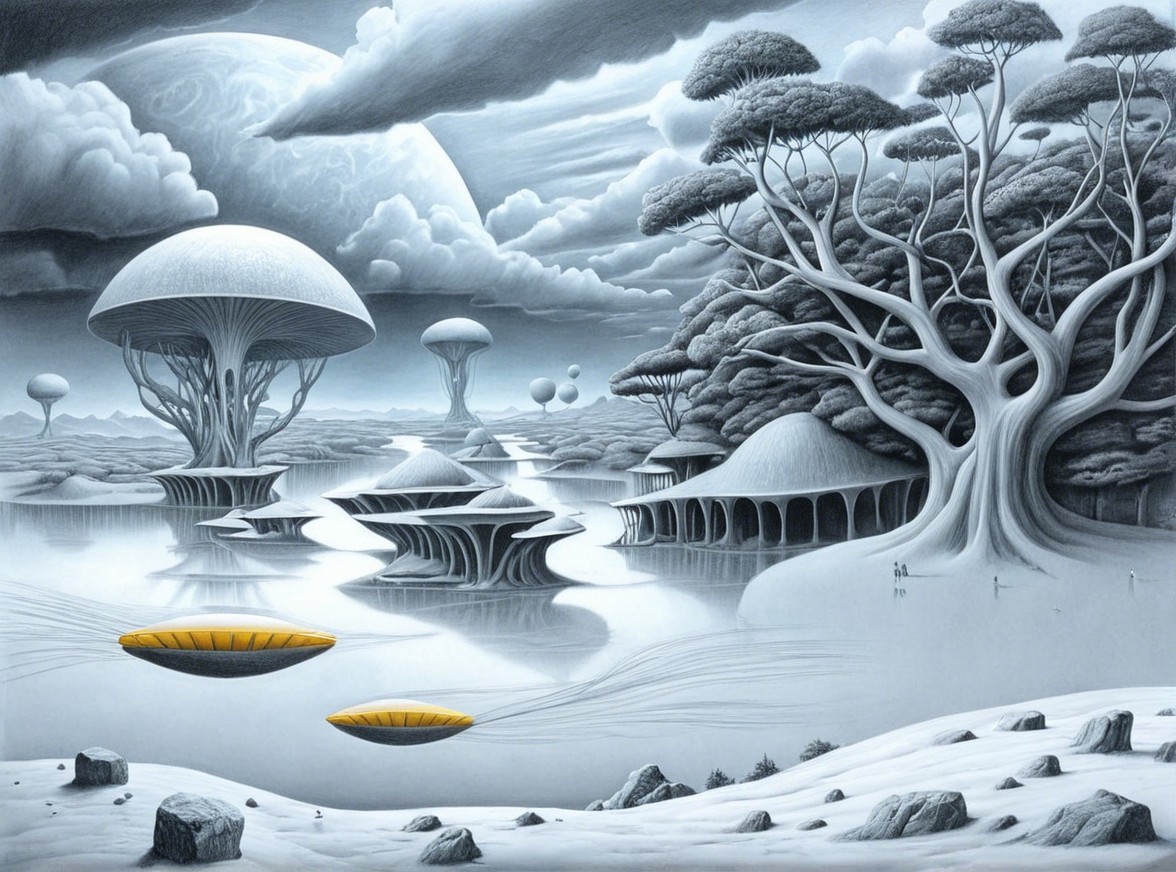 Surreal Landscape with Mushroom Trees and Hovering Crafts