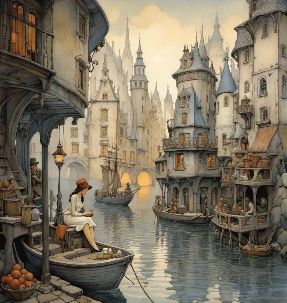 Whimsical Townscape by a Tranquil River with Lanterns