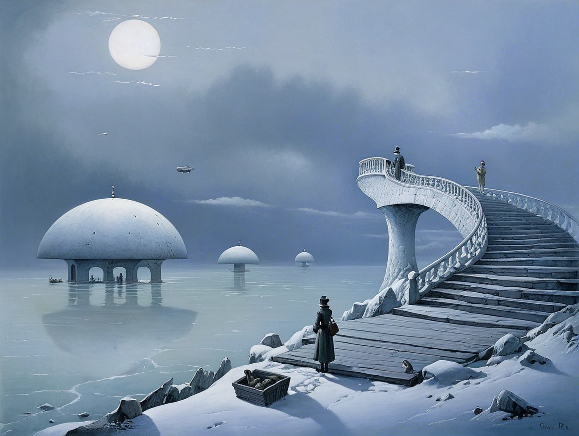Surreal Landscape with Grand Staircase and Airships
