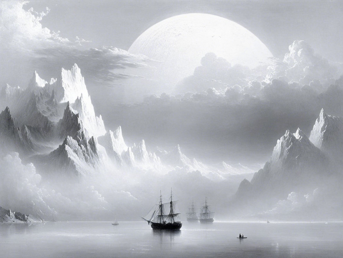 Monochromatic Landscape with Mountains and Moon