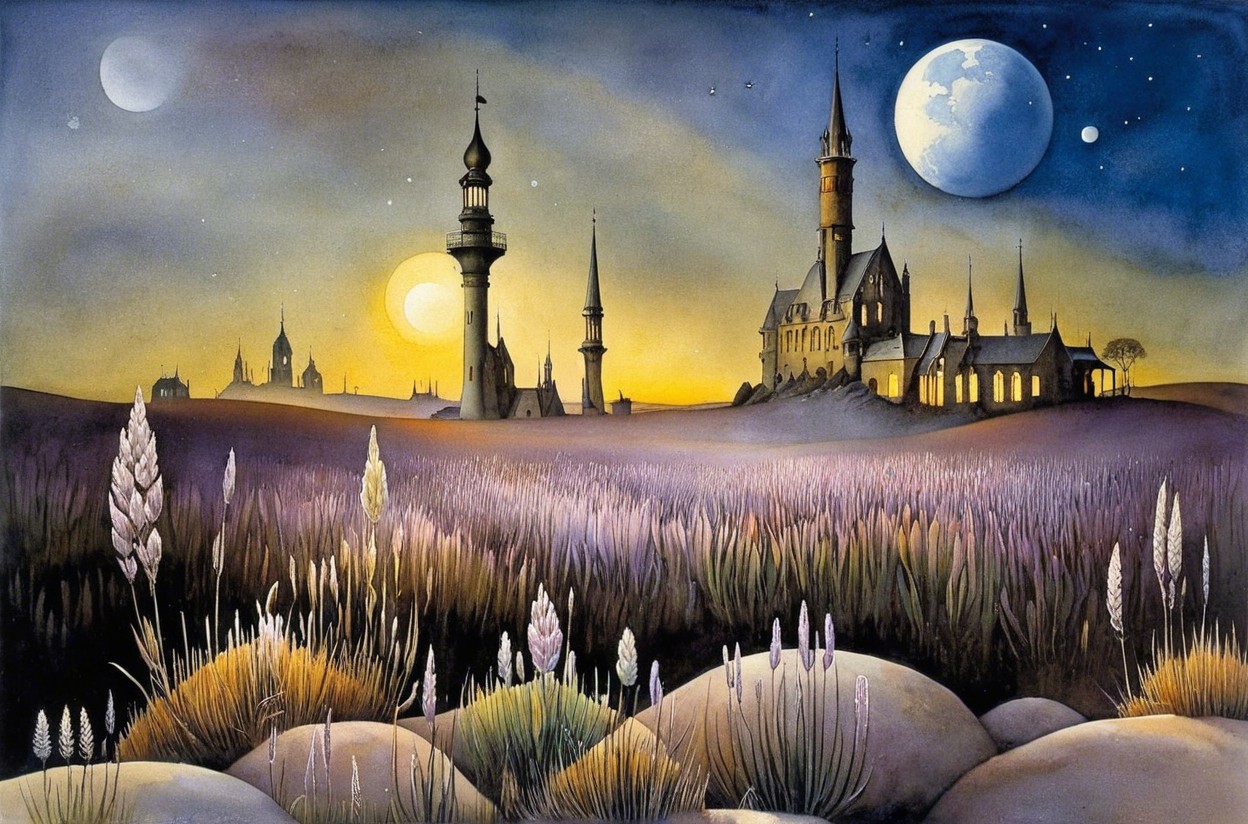 Surreal Landscape with Castle and Celestial Bodies