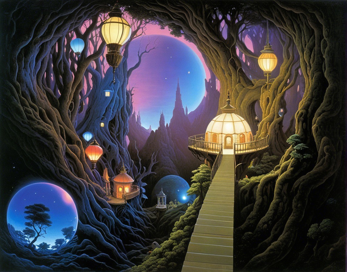 Magical landscape with ancient trees and whimsical houses