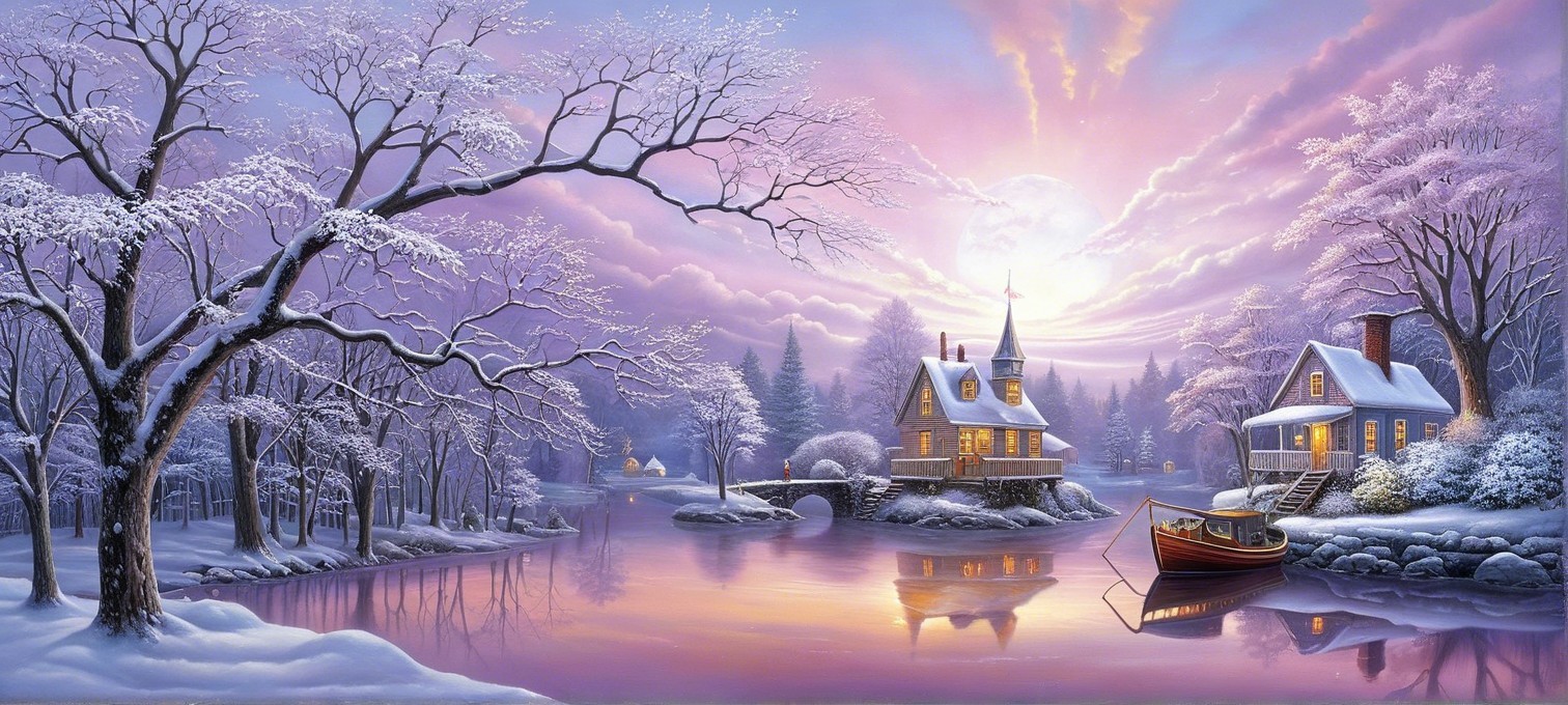 Tranquil Winter Landscape at Sunset with Snow and Water