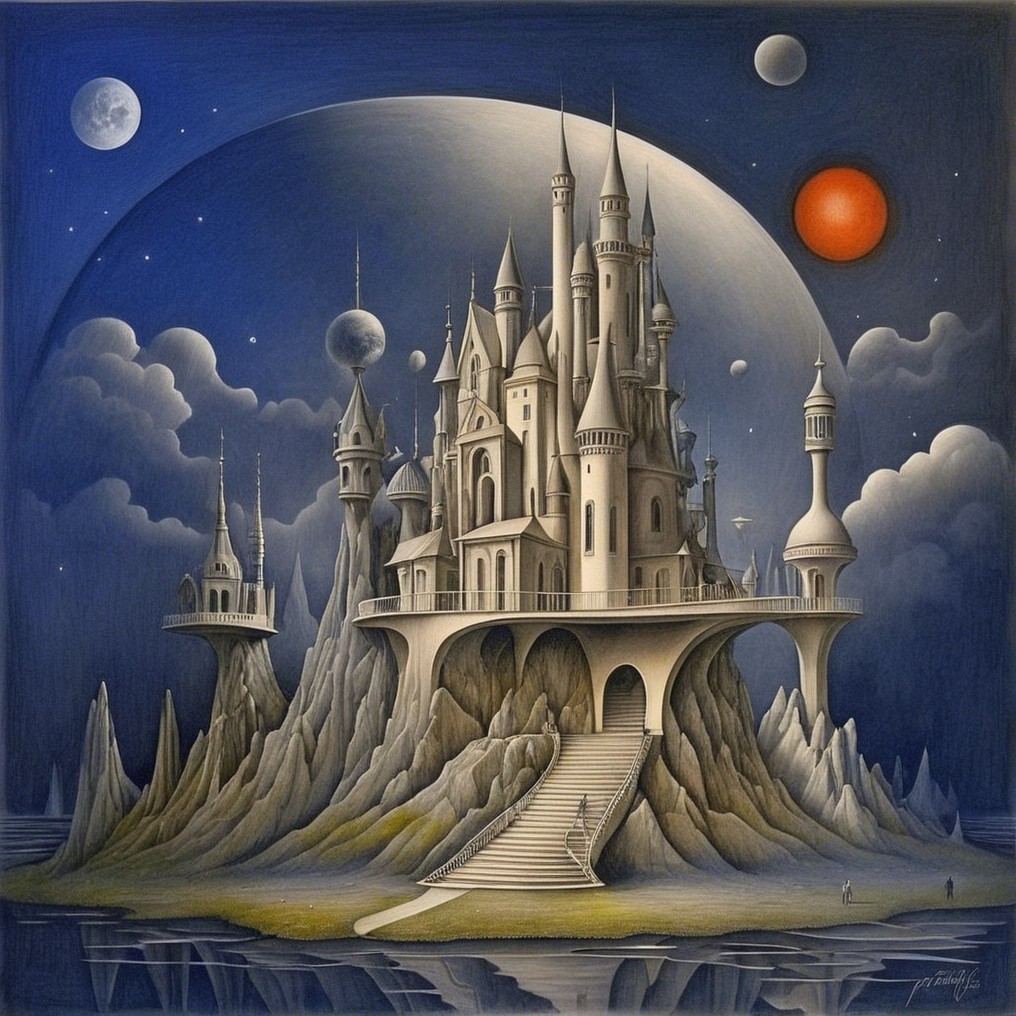 Majestic Castle in Mountainous Landscape at Night