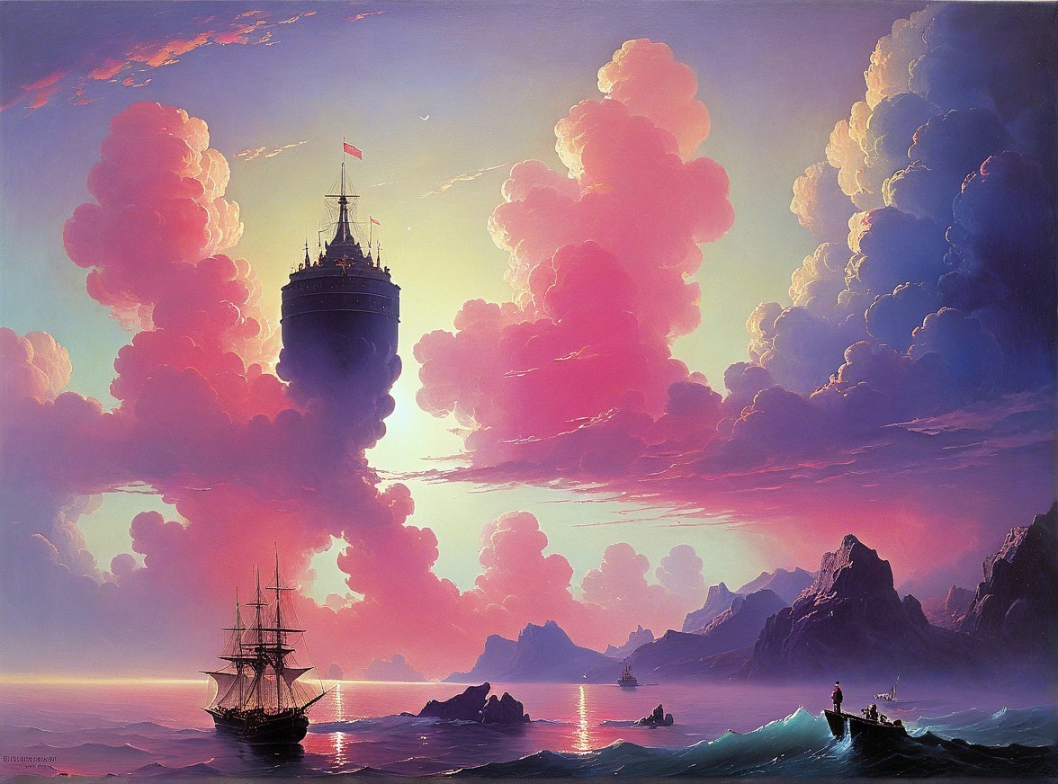 Dramatic Seascape with Tower and Sailing Ship