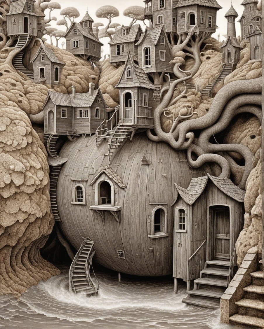 Whimsical Landscape with Unique Apple-Shaped Home