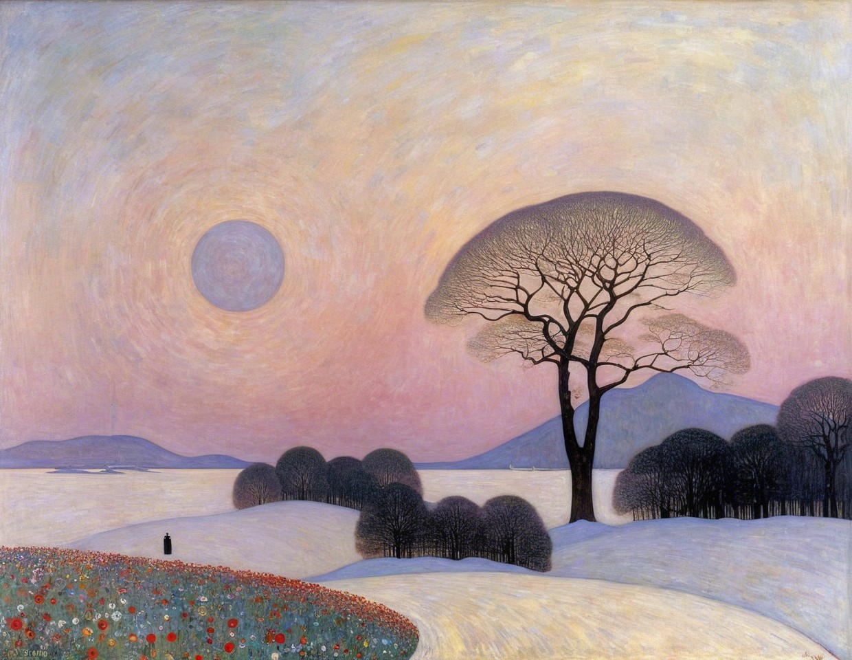 Winter Landscape with Moon and Bare Tree Silhouette