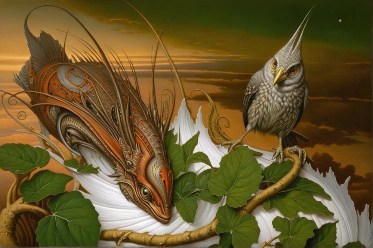 Fantastical Scene with Fish and Bird in Sunset Setting