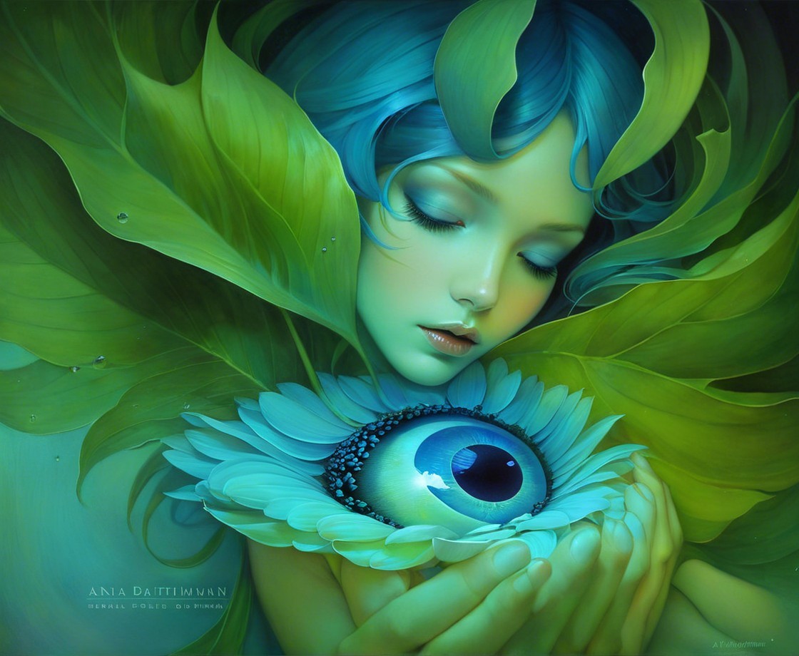 Ethereal Figure with Blue Hair Embracing a Blossom Eye