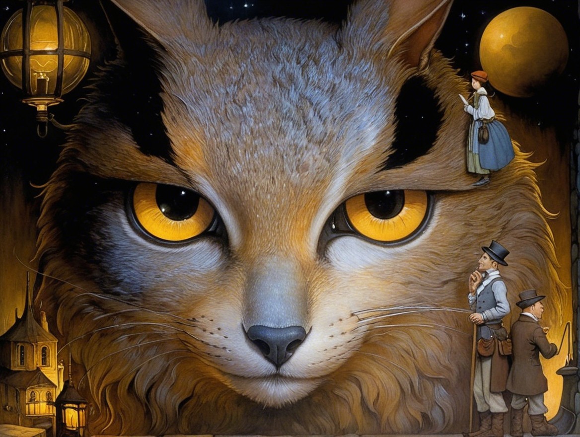 Mystical Cat Under Starry Sky with Awe-Struck Figures