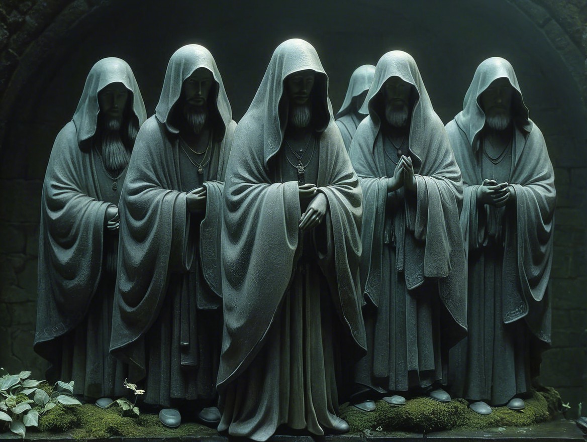 Hooded Stone Figures in Dimly Lit Environment