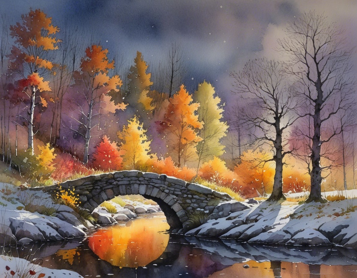 Autumn Landscape with Stone Bridge and Vibrant Trees