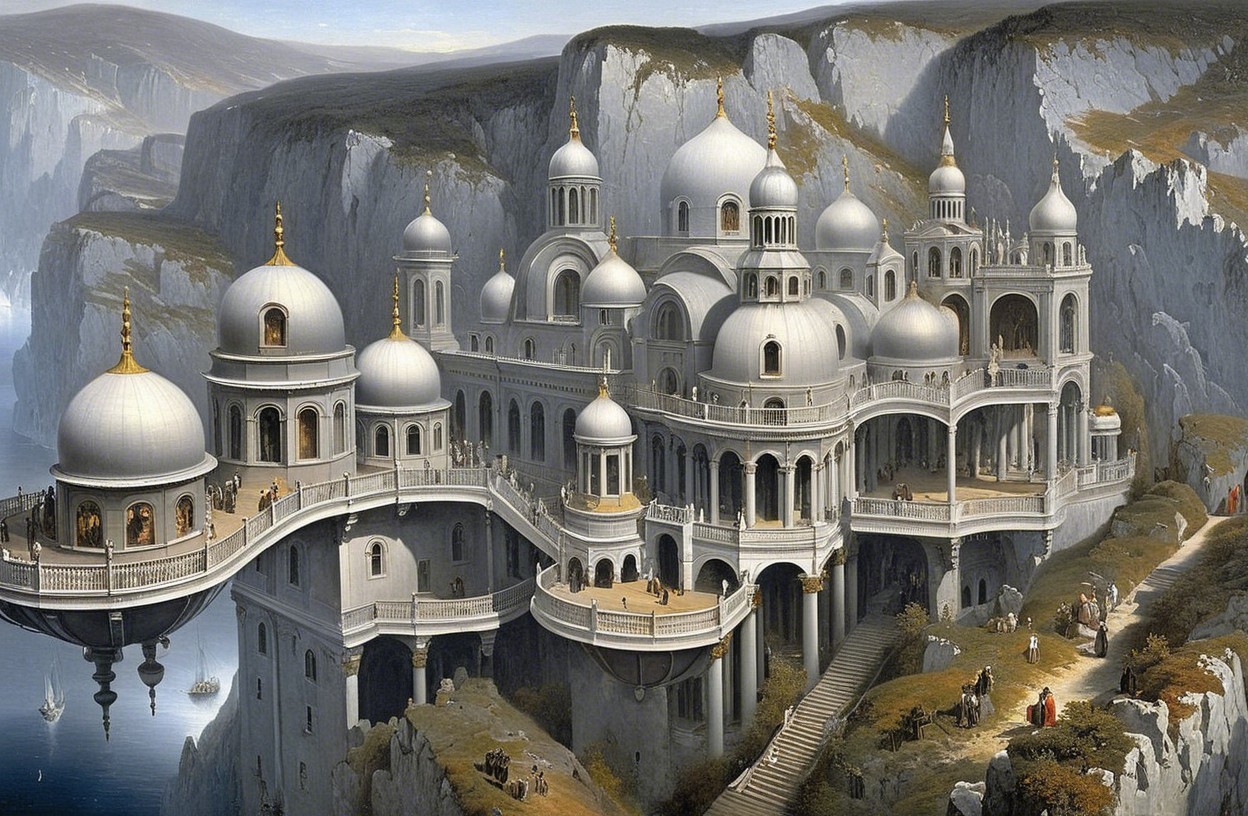 Ethereal Palace on Cliffside Overlooking Serene River