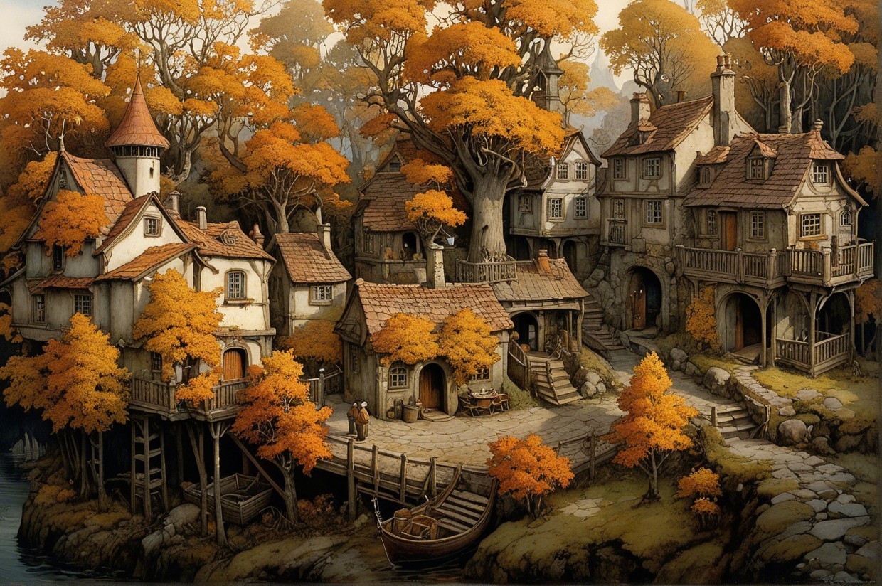 Quaint village surrounded by vibrant autumn scenery