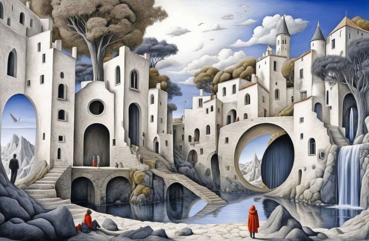 Surreal Landscape with Abstract Buildings and Nature
