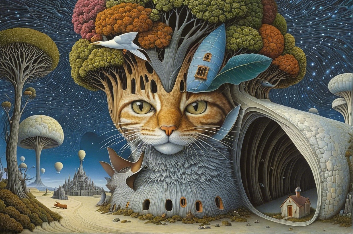 Colossal Cat with Tree Head in Surreal Landscape