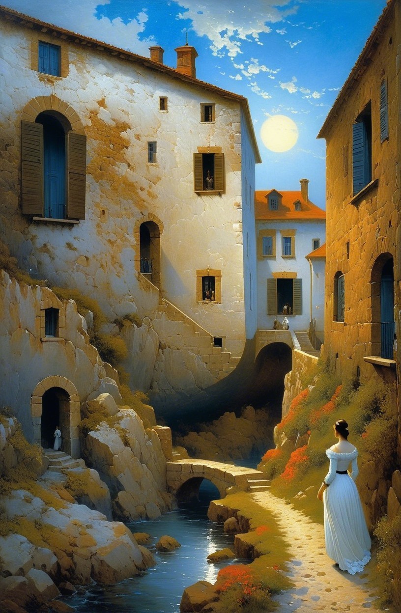 Twilight Village Scene with Elegant Buildings and Stream