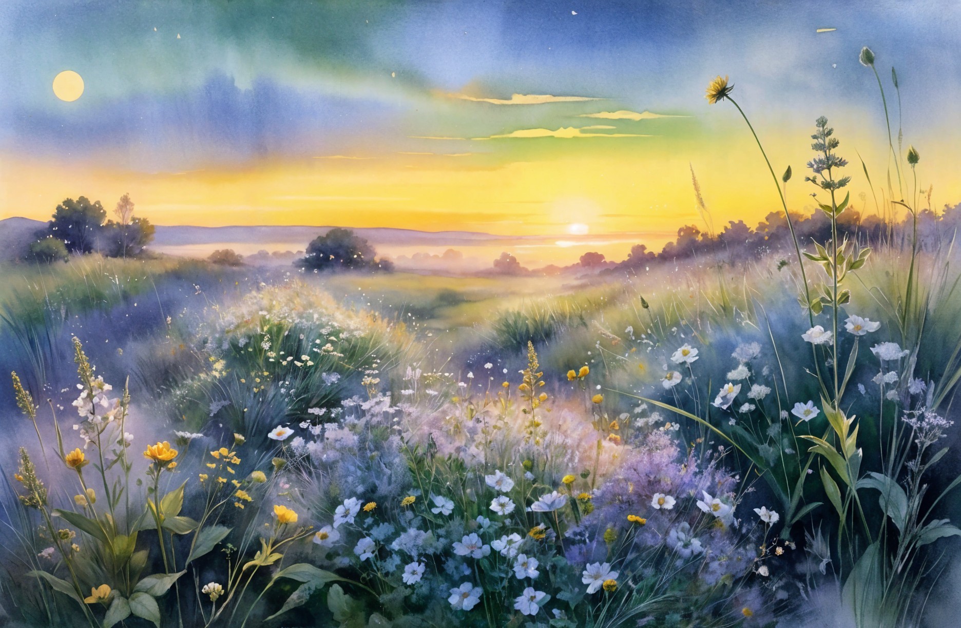 Serene Dawn Landscape with Rolling Hills and Wildflowers