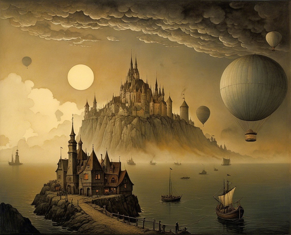 Fantastical Landscape with Castle and Gothic Village