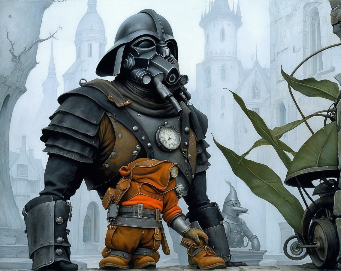 Armored Figure and Creature in a Fantasy Landscape