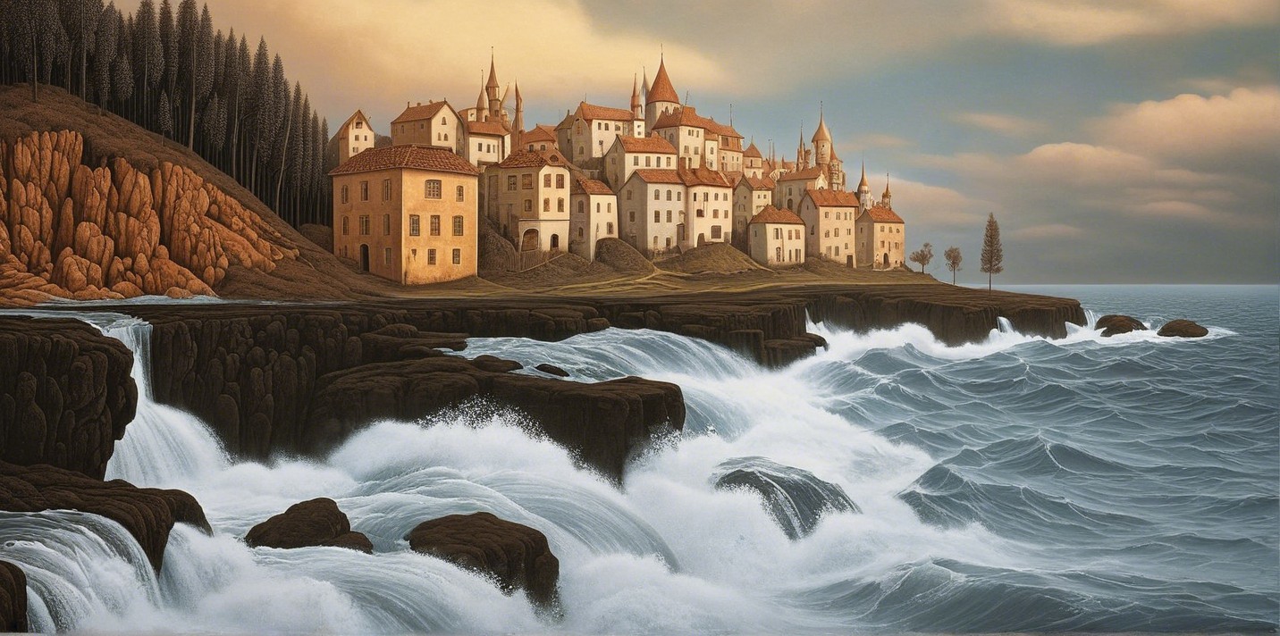 Coastal Village with Cliffs and Sunset Glow